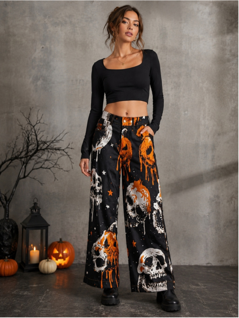 Halloween Skull Pumpkin Wide Leg Pants Y2K Goth Spooky NWOT Small